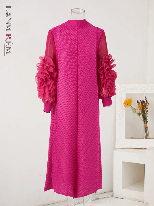 LANMREM Maxi Pleated Dress Round Neck Spliced Fungus Full Sleeve Dresses For Women 2024 New Spring Clothing 2Qa1331